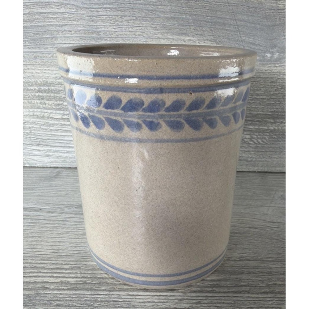 Stoneware Crock Blue Leaf Christian Gohl Pottery Farmhouse Rustic Small Jar Vtg